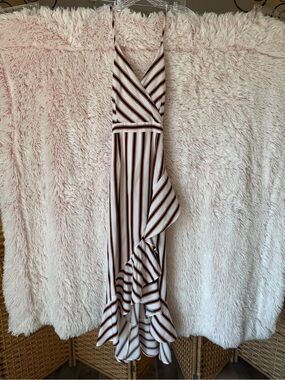 Striped V-Neck Maxi Dress in White and Brown